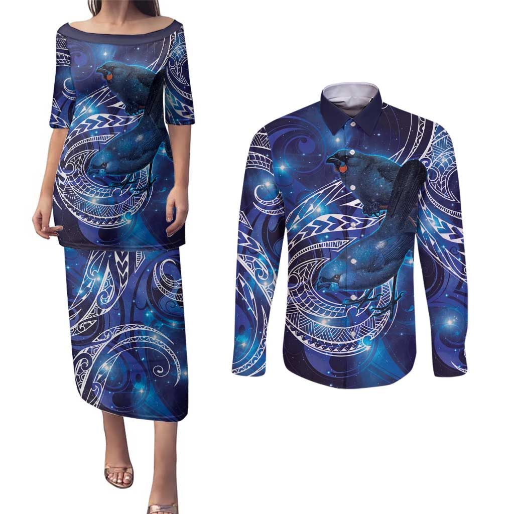 North Island Kokako and South Island Kokako Couples Matching Puletasi and Long Sleeve Button Shirt New Zealand Native Bird with Galaxy Vibe