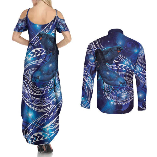 North Island Kokako and South Island Kokako Couples Matching Summer Maxi Dress and Long Sleeve Button Shirt New Zealand Native Bird with Galaxy Vibe