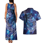 North Island Kokako and South Island Kokako Couples Matching Tank Maxi Dress and Hawaiian Shirt New Zealand Native Bird with Galaxy Vibe