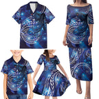 North Island Kokako and South Island Kokako Family Matching Puletasi and Hawaiian Shirt New Zealand Native Bird with Galaxy Vibe