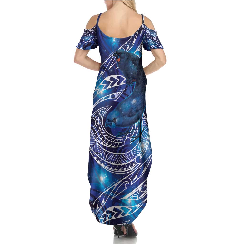 North Island Kokako and South Island Kokako Family Matching Summer Maxi Dress and Hawaiian Shirt New Zealand Native Bird with Galaxy Vibe