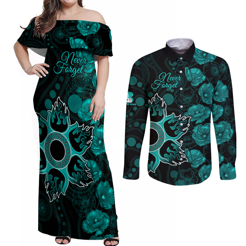 heat-cricket-never-forget-custom-couples-matching-off-shoulder-maxi-dress-and-long-sleeve-button-shirt-anzac-day-with-poppy-aboriginal