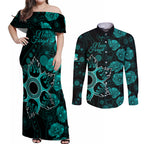 heat-cricket-never-forget-custom-couples-matching-off-shoulder-maxi-dress-and-long-sleeve-button-shirt-anzac-day-with-poppy-aboriginal