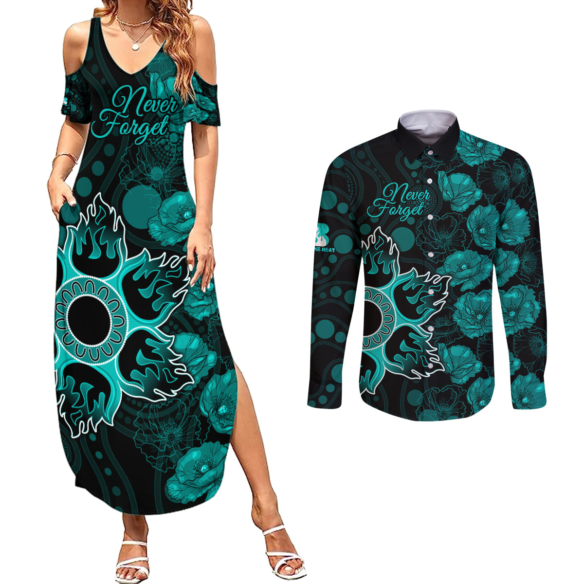 heat-cricket-never-forget-custom-couples-matching-summer-maxi-dress-and-long-sleeve-button-shirt-anzac-day-with-poppy-aboriginal