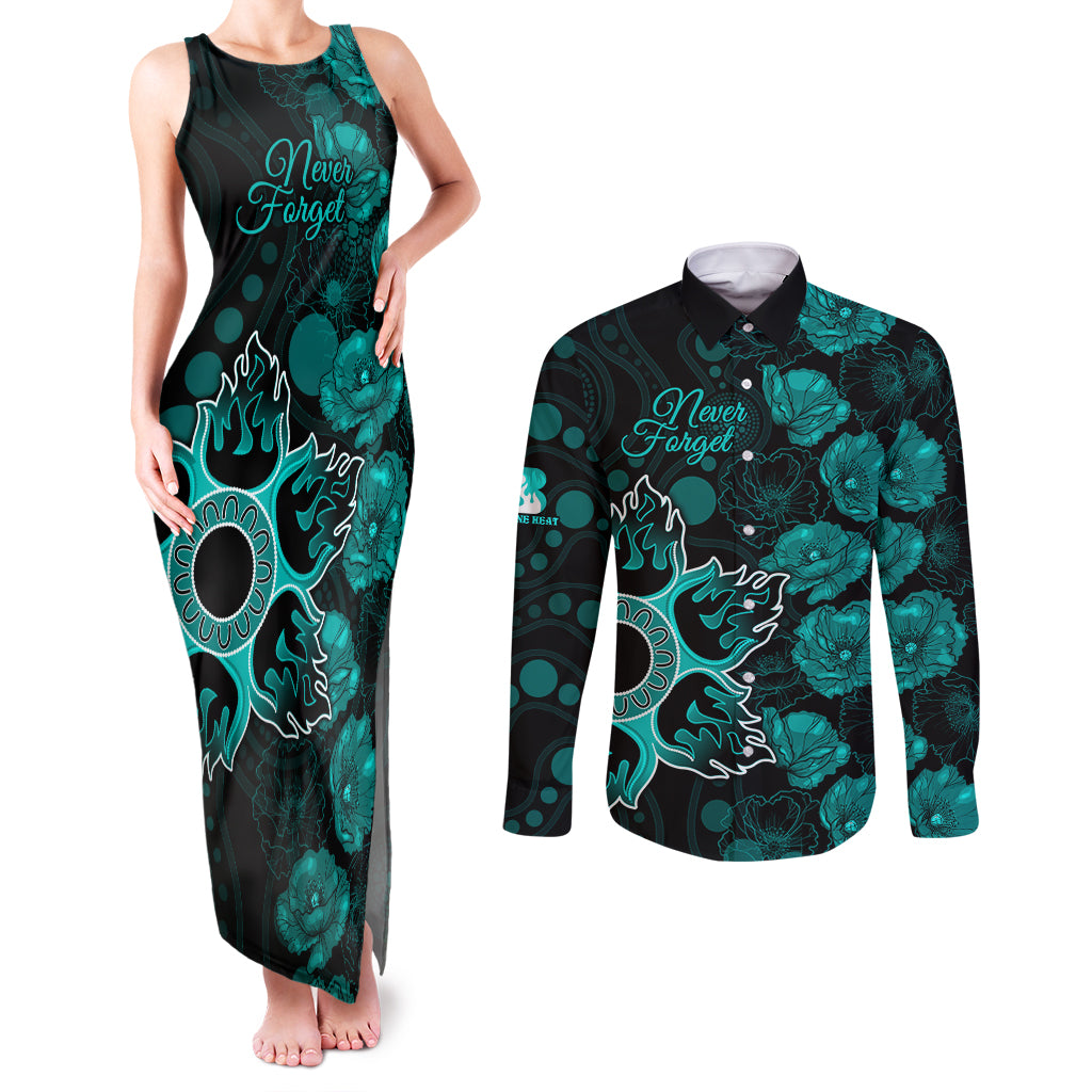 heat-cricket-never-forget-custom-couples-matching-tank-maxi-dress-and-long-sleeve-button-shirt-anzac-day-with-poppy-aboriginal