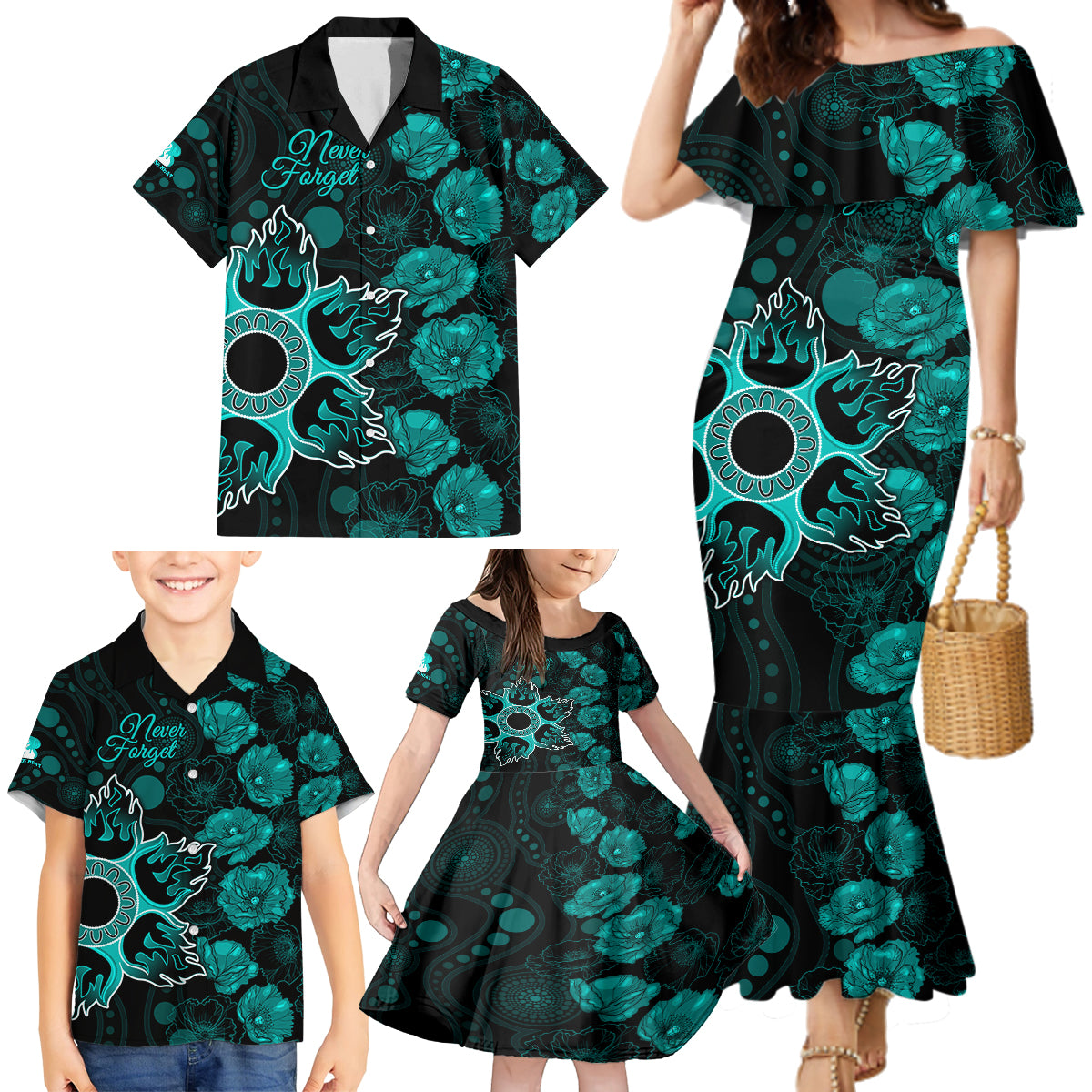 heat-cricket-never-forget-custom-family-matching-mermaid-dress-and-hawaiian-shirt-anzac-day-with-poppy-aboriginal