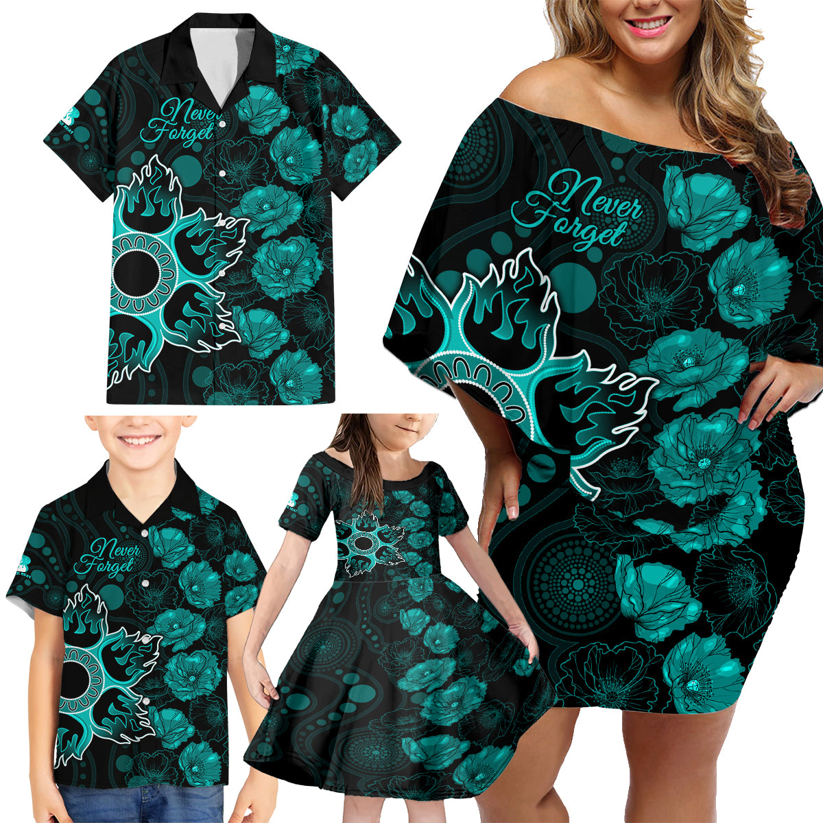 heat-cricket-never-forget-custom-family-matching-off-shoulder-short-dress-and-hawaiian-shirt-anzac-day-with-poppy-aboriginal