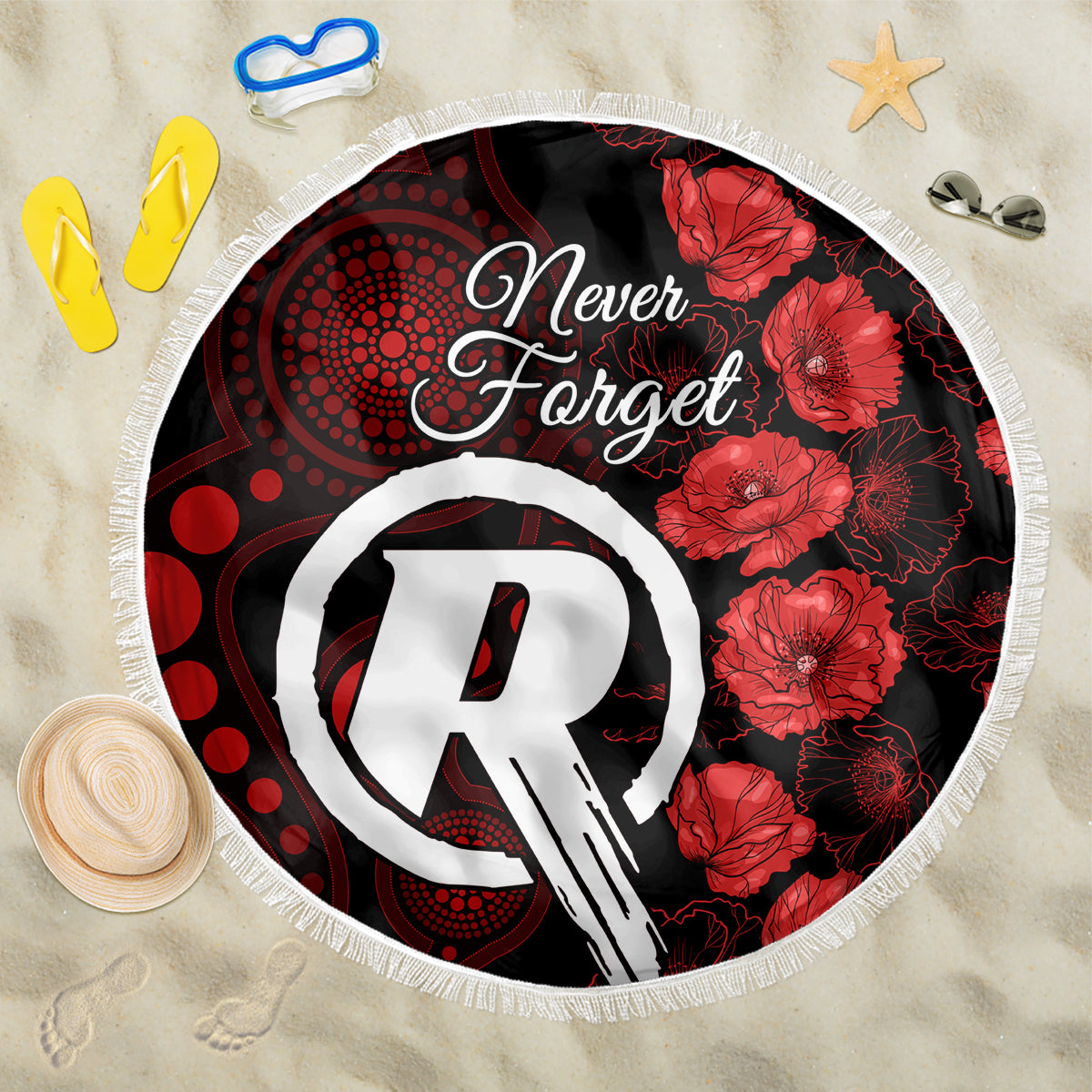 renegades-cricket-never-forget-custom-beach-blanket-anzac-day-with-poppy-aboriginal
