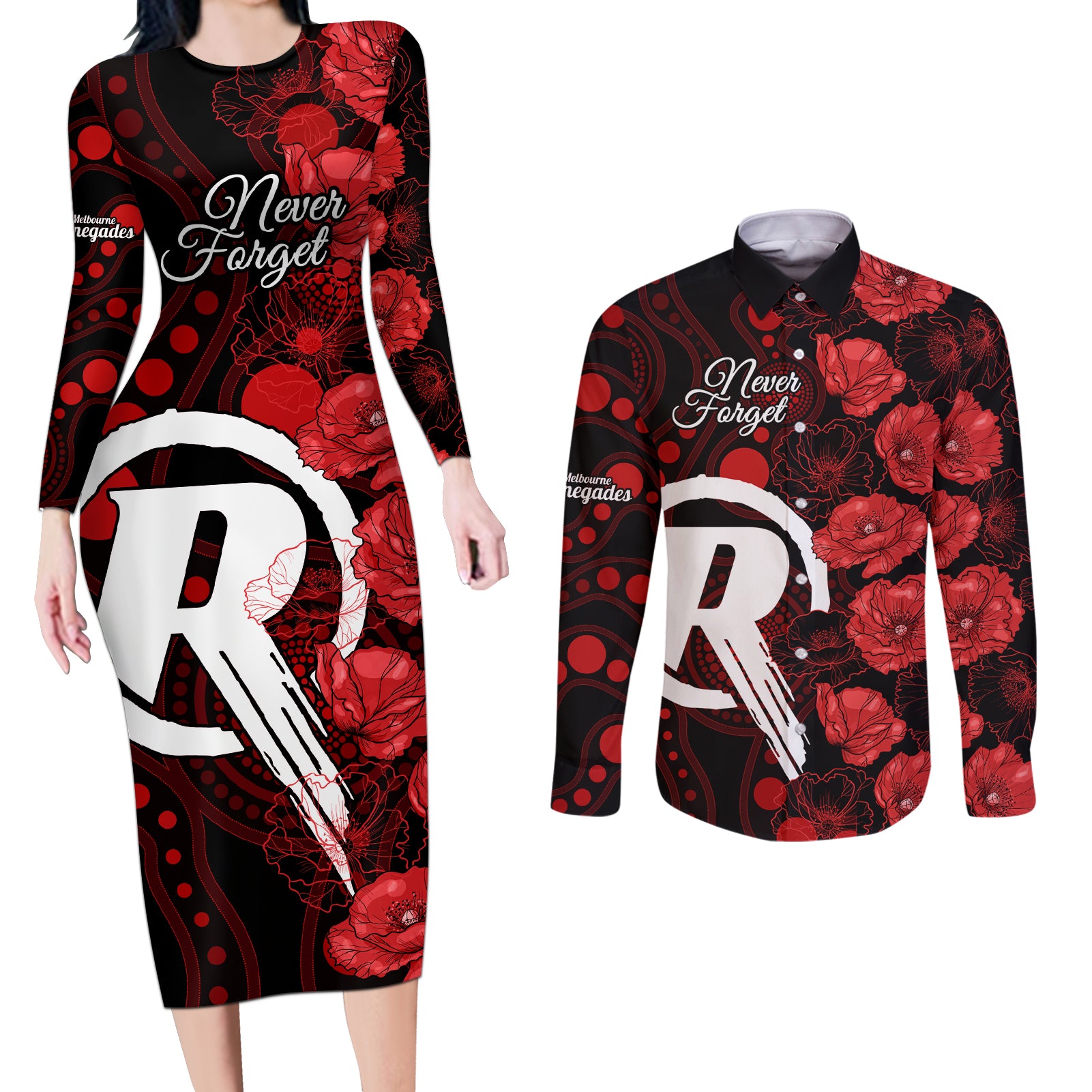 renegades-cricket-never-forget-custom-couples-matching-long-sleeve-bodycon-dress-and-long-sleeve-button-shirt-anzac-day-with-poppy-aboriginal