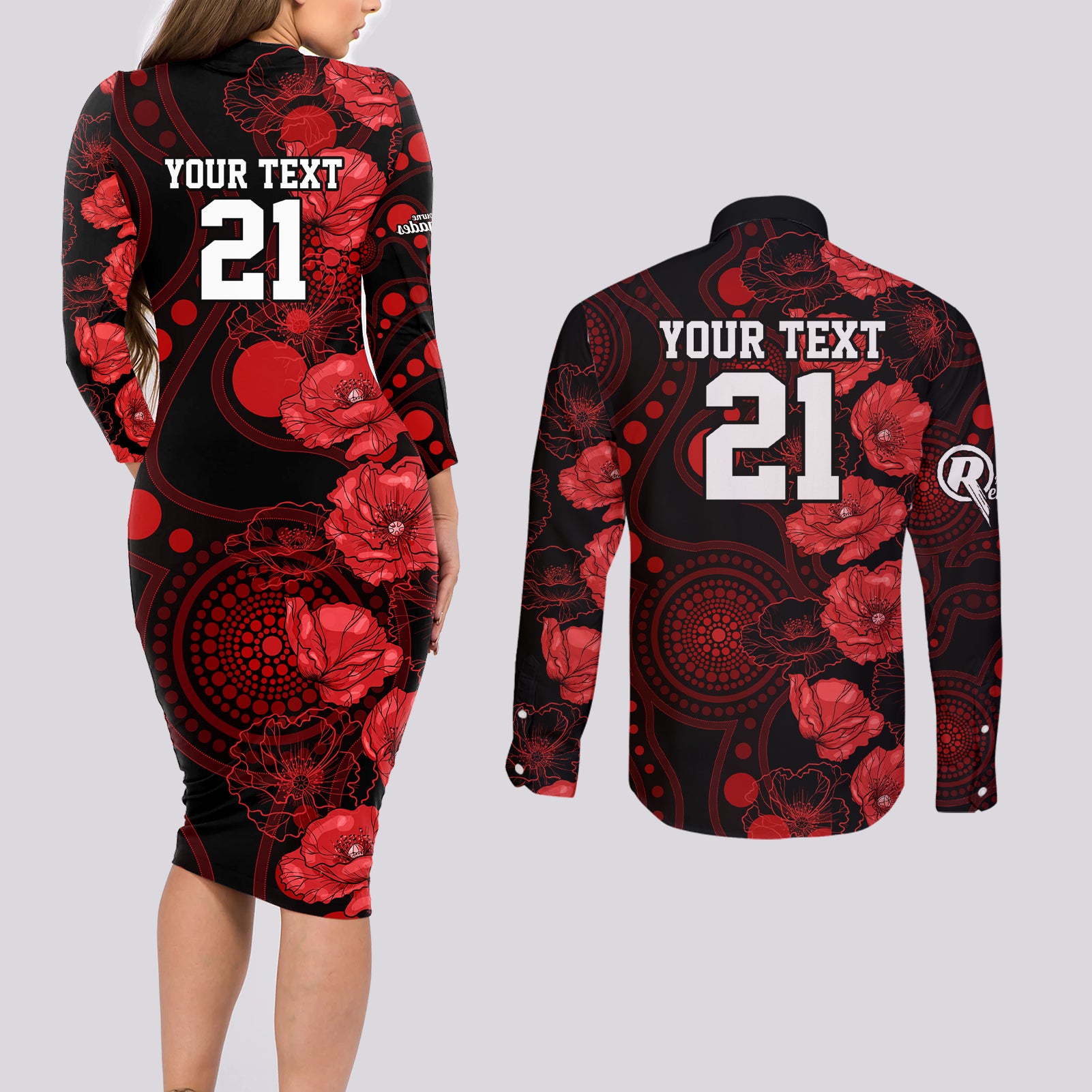 renegades-cricket-never-forget-custom-couples-matching-long-sleeve-bodycon-dress-and-long-sleeve-button-shirt-anzac-day-with-poppy-aboriginal