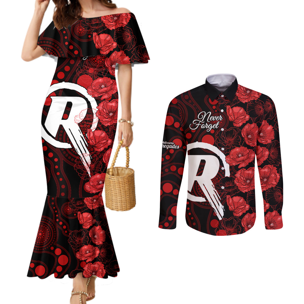 renegades-cricket-never-forget-custom-couples-matching-mermaid-dress-and-long-sleeve-button-shirt-anzac-day-with-poppy-aboriginal