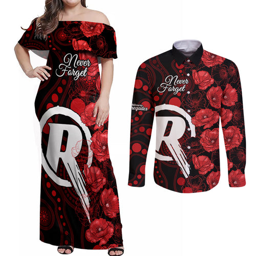 renegades-cricket-never-forget-custom-couples-matching-off-shoulder-maxi-dress-and-long-sleeve-button-shirt-anzac-day-with-poppy-aboriginal