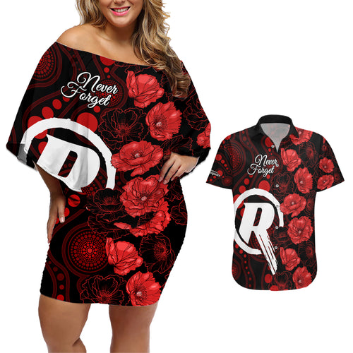 renegades-cricket-never-forget-custom-couples-matching-off-shoulder-short-dress-and-hawaiian-shirt-anzac-day-with-poppy-aboriginal