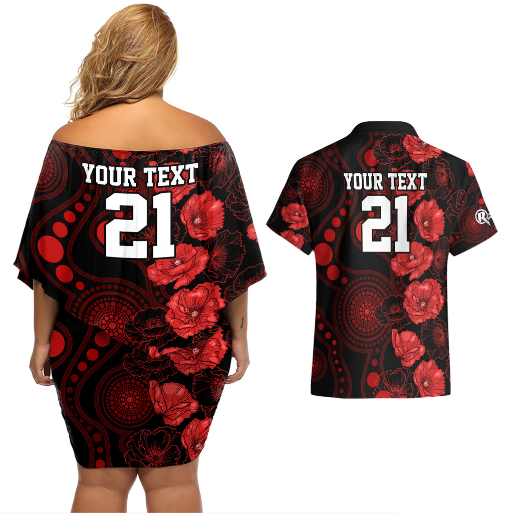 renegades-cricket-never-forget-custom-couples-matching-off-shoulder-short-dress-and-hawaiian-shirt-anzac-day-with-poppy-aboriginal