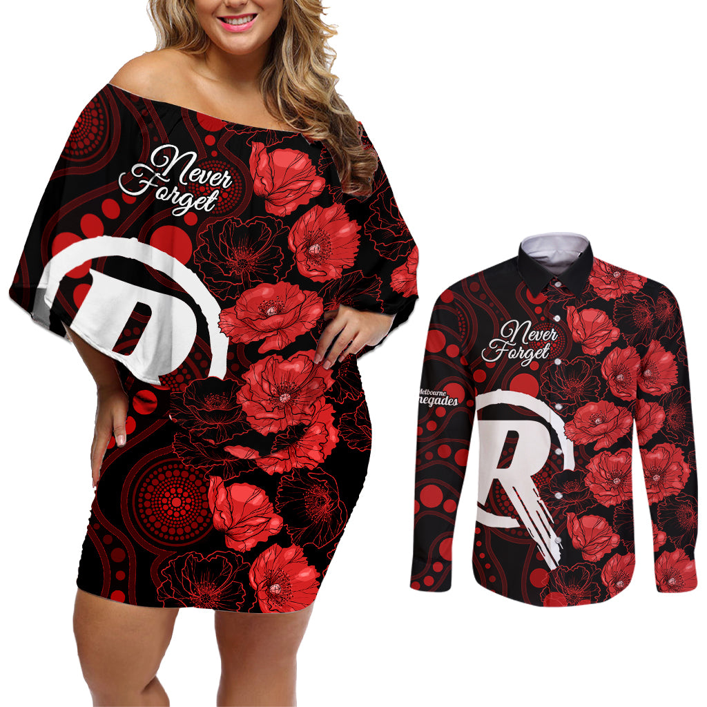 renegades-cricket-never-forget-custom-couples-matching-off-shoulder-short-dress-and-long-sleeve-button-shirt-anzac-day-with-poppy-aboriginal
