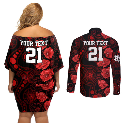 renegades-cricket-never-forget-custom-couples-matching-off-shoulder-short-dress-and-long-sleeve-button-shirt-anzac-day-with-poppy-aboriginal