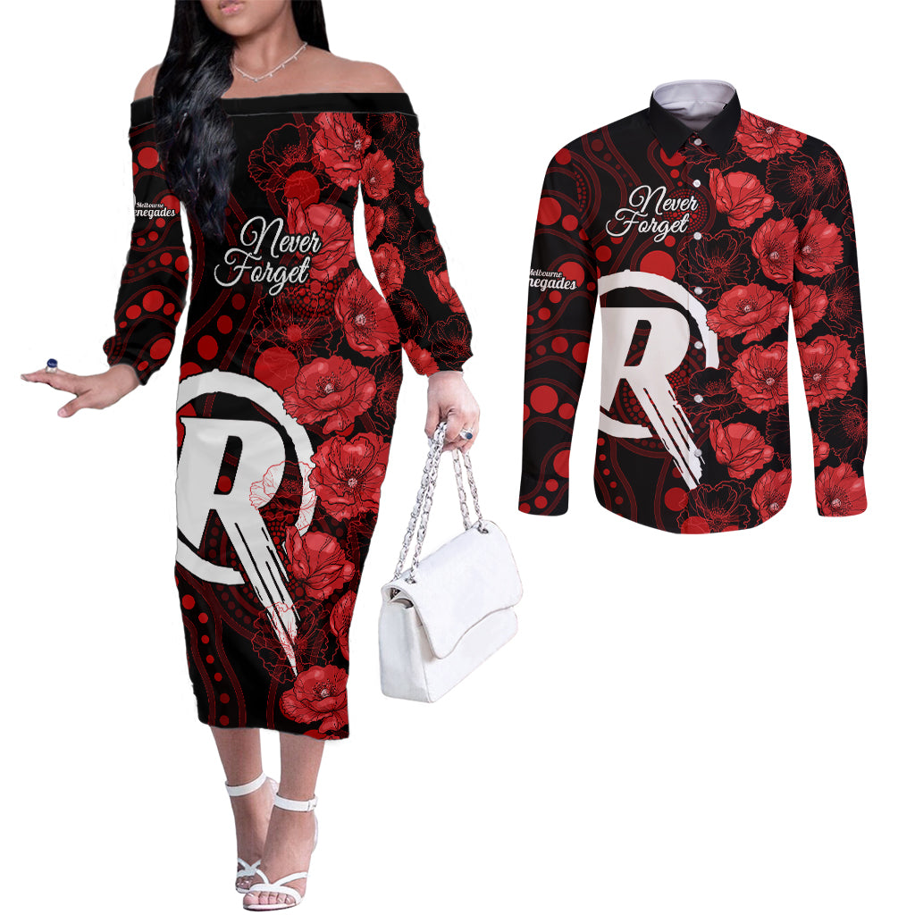 renegades-cricket-never-forget-custom-couples-matching-off-the-shoulder-long-sleeve-dress-and-long-sleeve-button-shirt-anzac-day-with-poppy-aboriginal