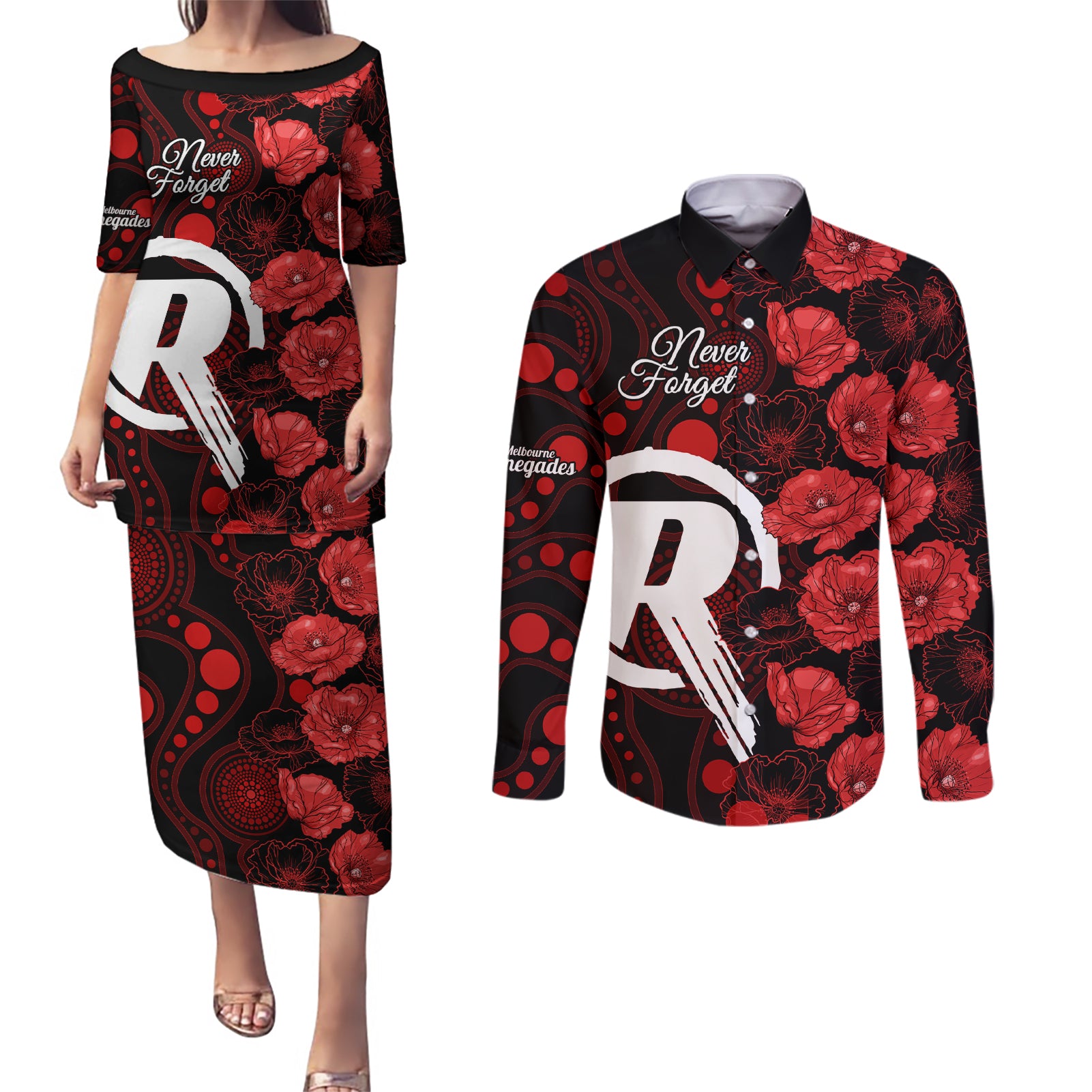 renegades-cricket-never-forget-custom-couples-matching-puletasi-dress-and-long-sleeve-button-shirt-anzac-day-with-poppy-aboriginal