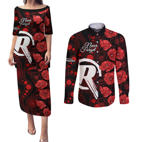 renegades-cricket-never-forget-custom-couples-matching-puletasi-dress-and-long-sleeve-button-shirt-anzac-day-with-poppy-aboriginal