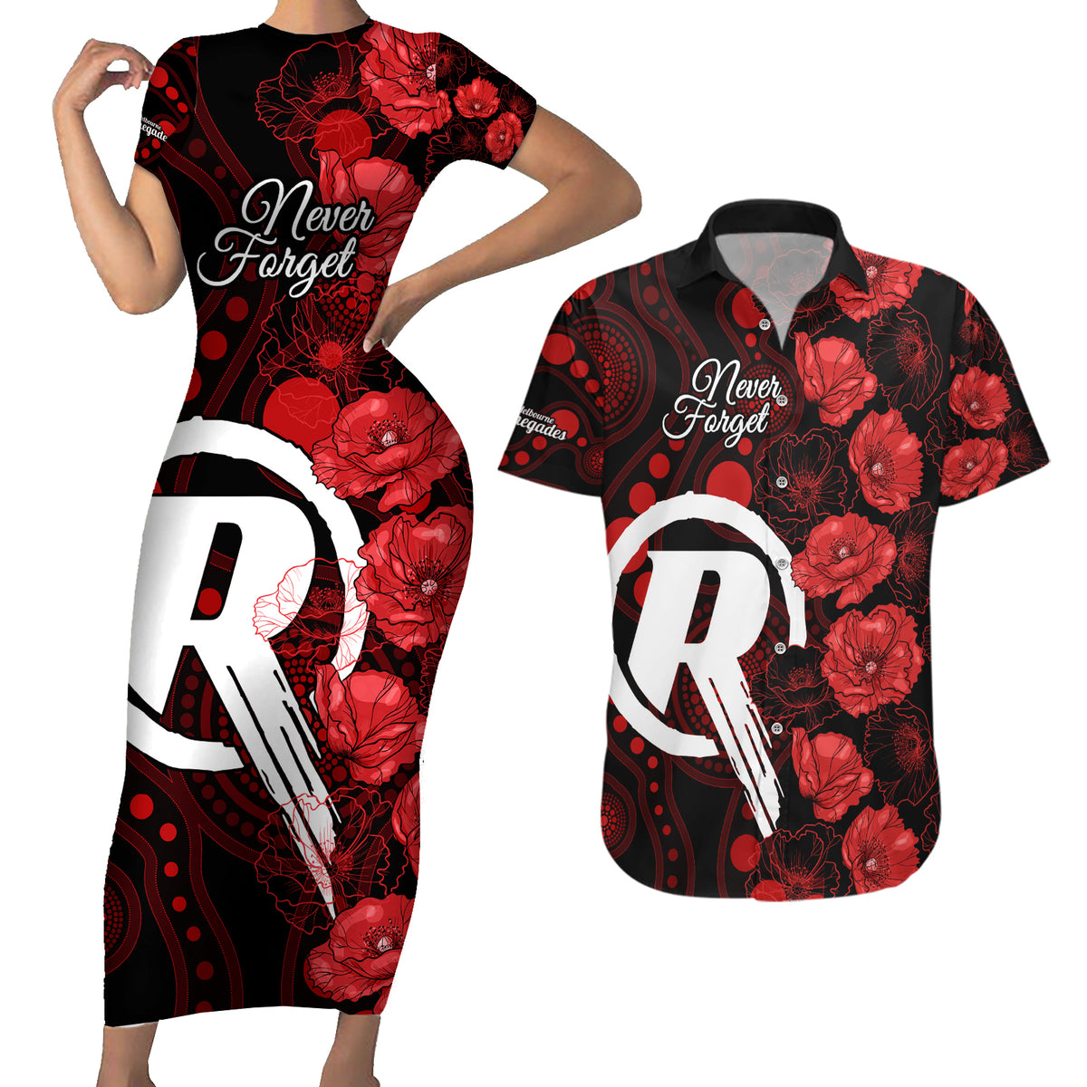 renegades-cricket-never-forget-custom-couples-matching-short-sleeve-bodycon-dress-and-hawaiian-shirt-anzac-day-with-poppy-aboriginal