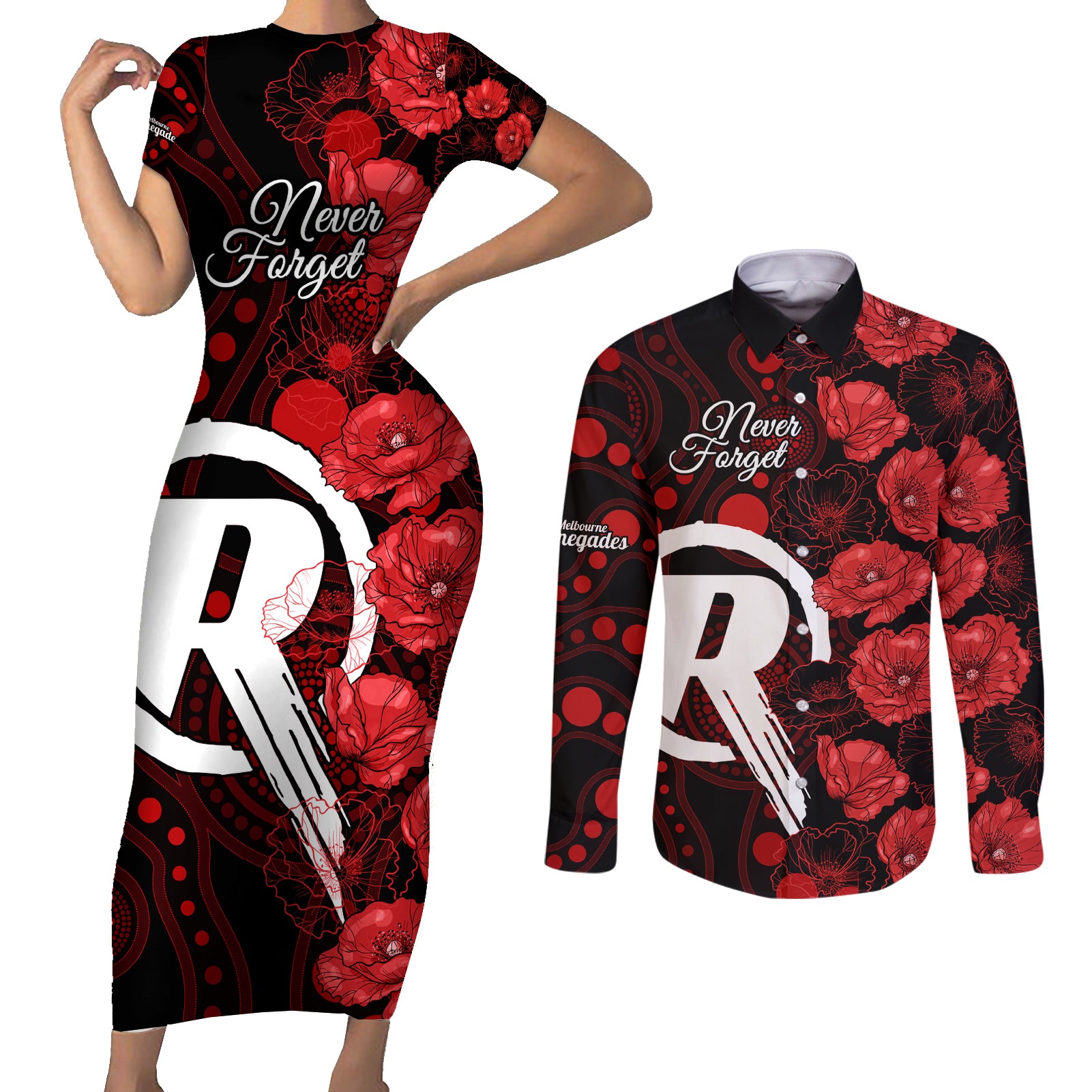 renegades-cricket-never-forget-custom-couples-matching-short-sleeve-bodycon-dress-and-long-sleeve-button-shirt-anzac-day-with-poppy-aboriginal