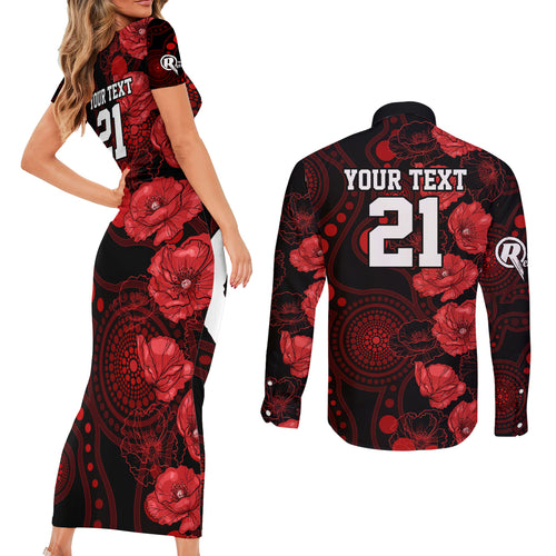 renegades-cricket-never-forget-custom-couples-matching-short-sleeve-bodycon-dress-and-long-sleeve-button-shirt-anzac-day-with-poppy-aboriginal