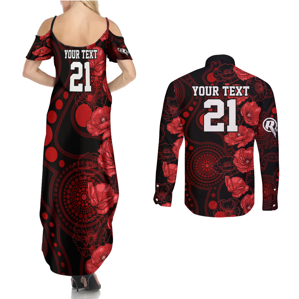 renegades-cricket-never-forget-custom-couples-matching-summer-maxi-dress-and-long-sleeve-button-shirt-anzac-day-with-poppy-aboriginal