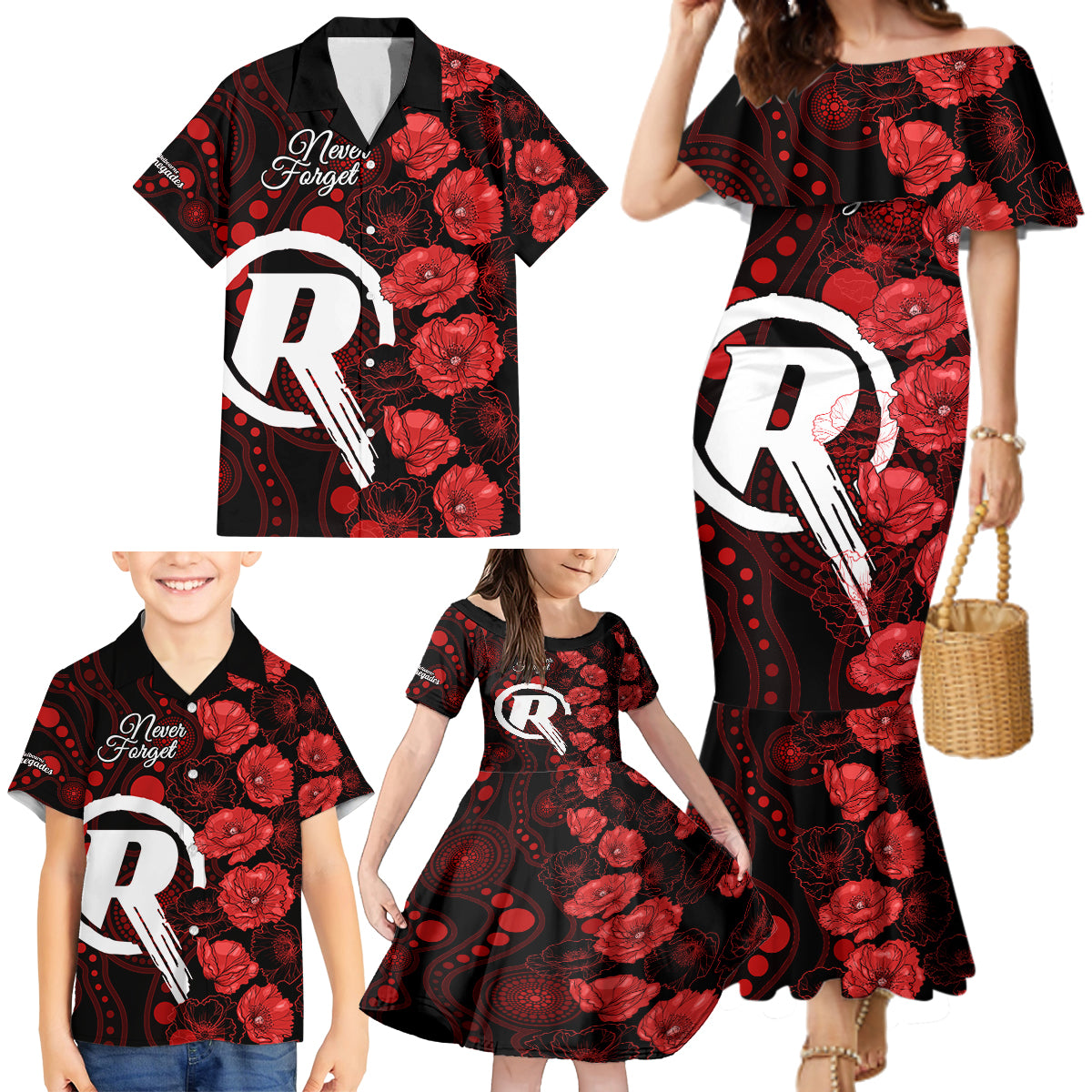 renegades-cricket-never-forget-custom-family-matching-mermaid-dress-and-hawaiian-shirt-anzac-day-with-poppy-aboriginal