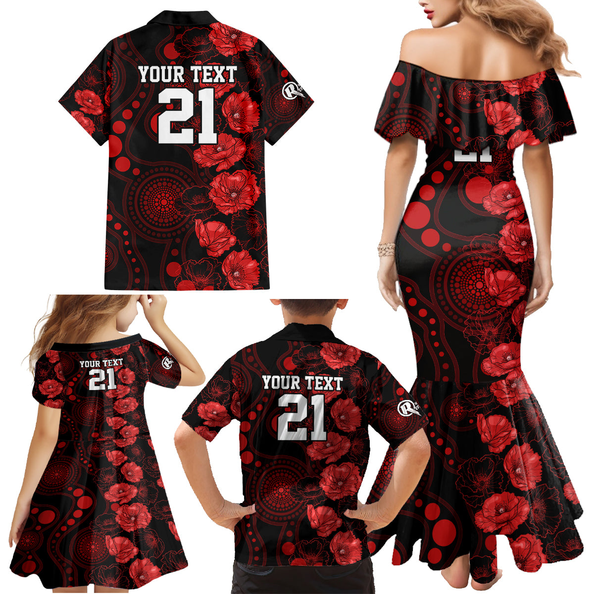 renegades-cricket-never-forget-custom-family-matching-mermaid-dress-and-hawaiian-shirt-anzac-day-with-poppy-aboriginal