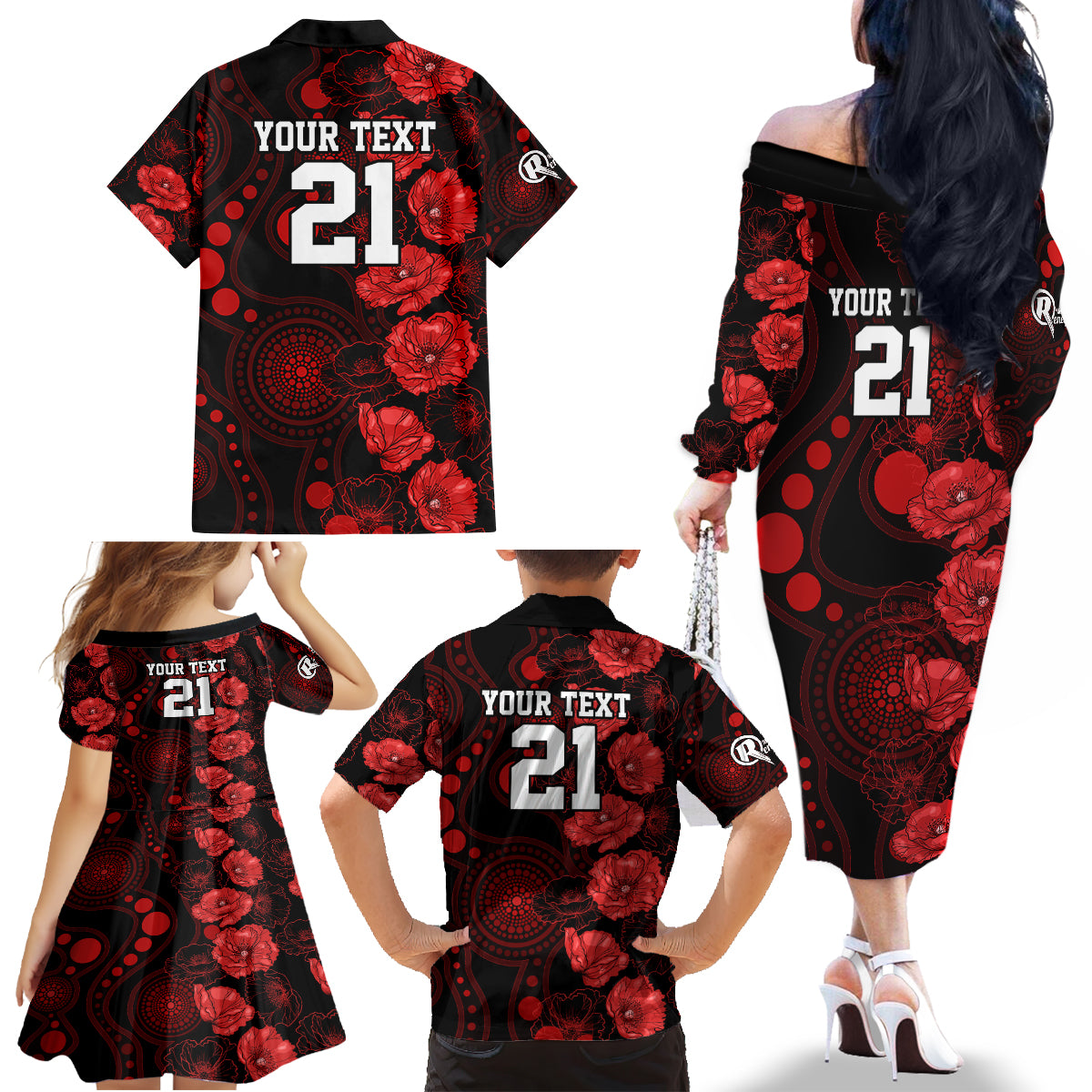 renegades-cricket-never-forget-custom-family-matching-off-shoulder-long-sleeve-dress-and-hawaiian-shirt-anzac-day-with-poppy-aboriginal