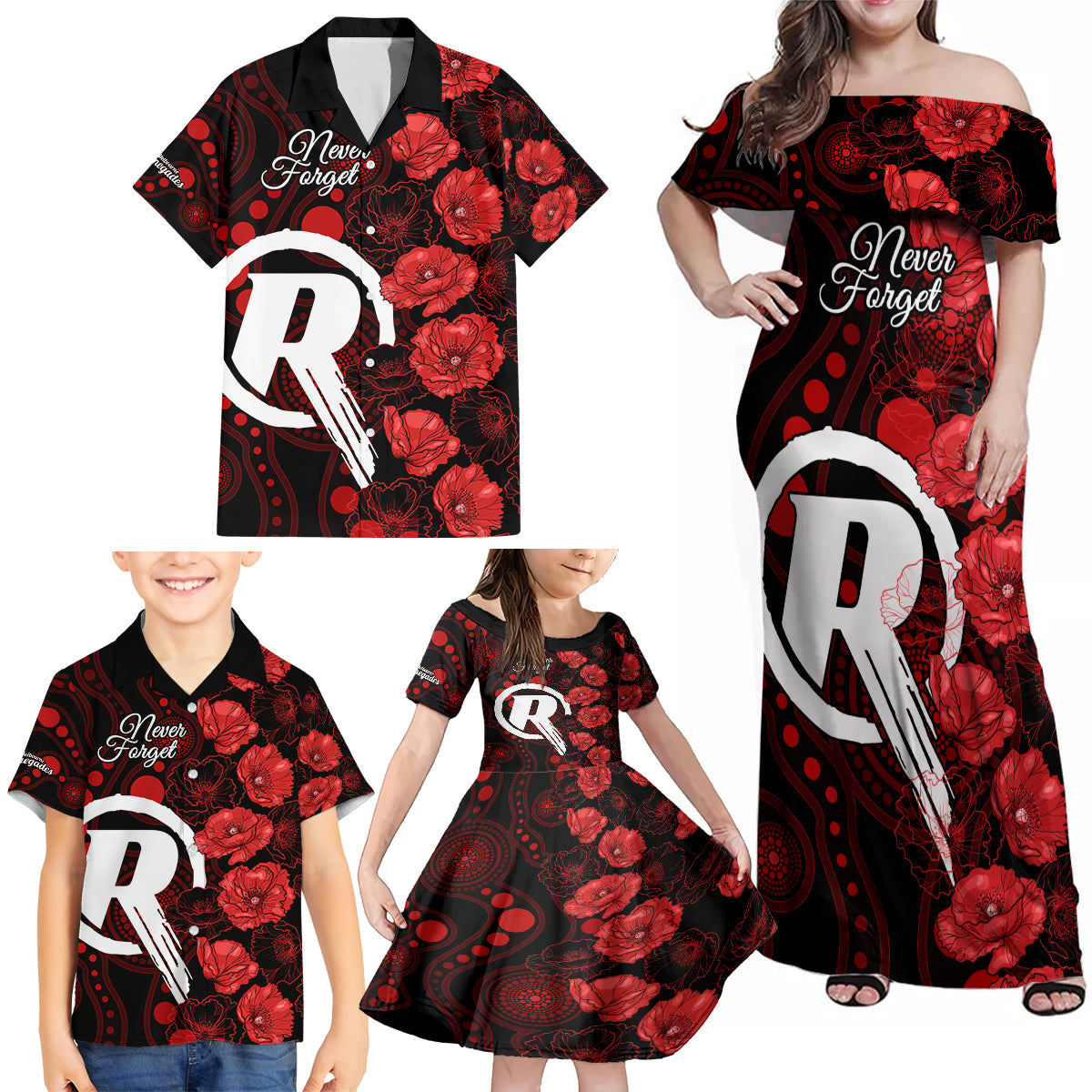 renegades-cricket-never-forget-custom-family-matching-off-shoulder-maxi-dress-and-hawaiian-shirt-anzac-day-with-poppy-aboriginal