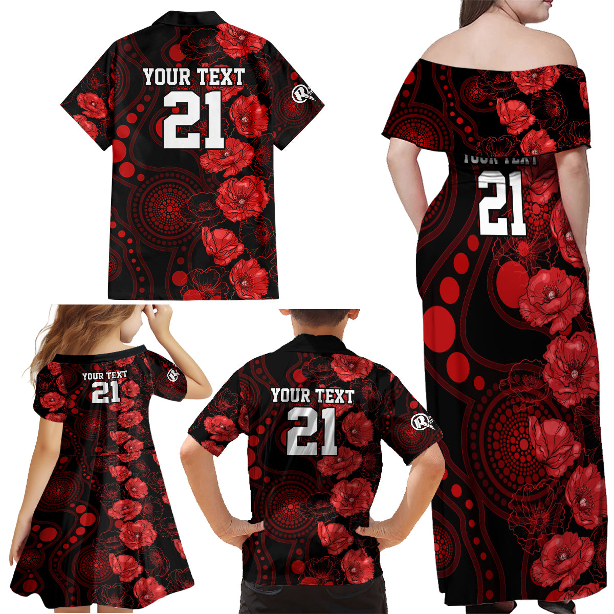 renegades-cricket-never-forget-custom-family-matching-off-shoulder-maxi-dress-and-hawaiian-shirt-anzac-day-with-poppy-aboriginal