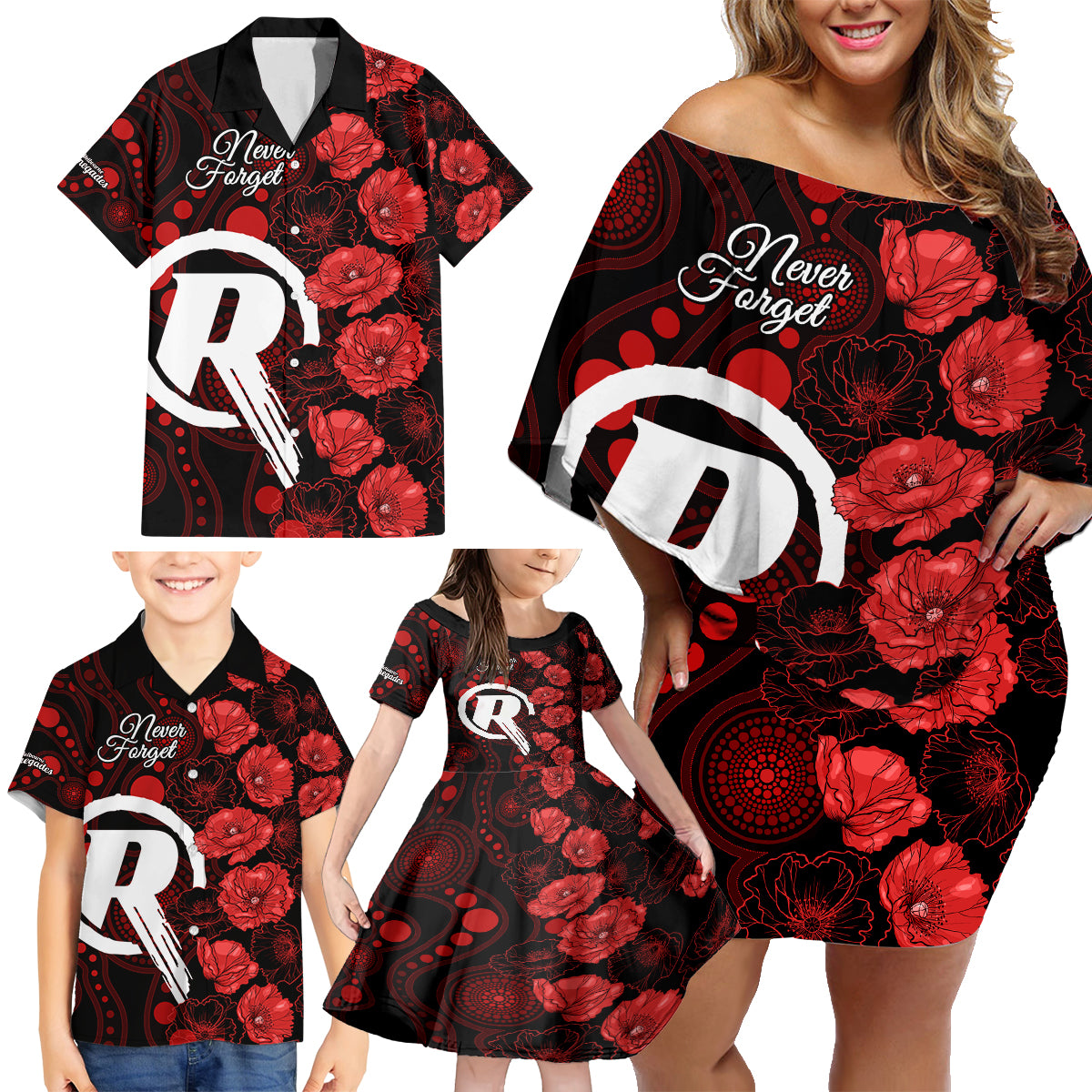 renegades-cricket-never-forget-custom-family-matching-off-shoulder-short-dress-and-hawaiian-shirt-anzac-day-with-poppy-aboriginal