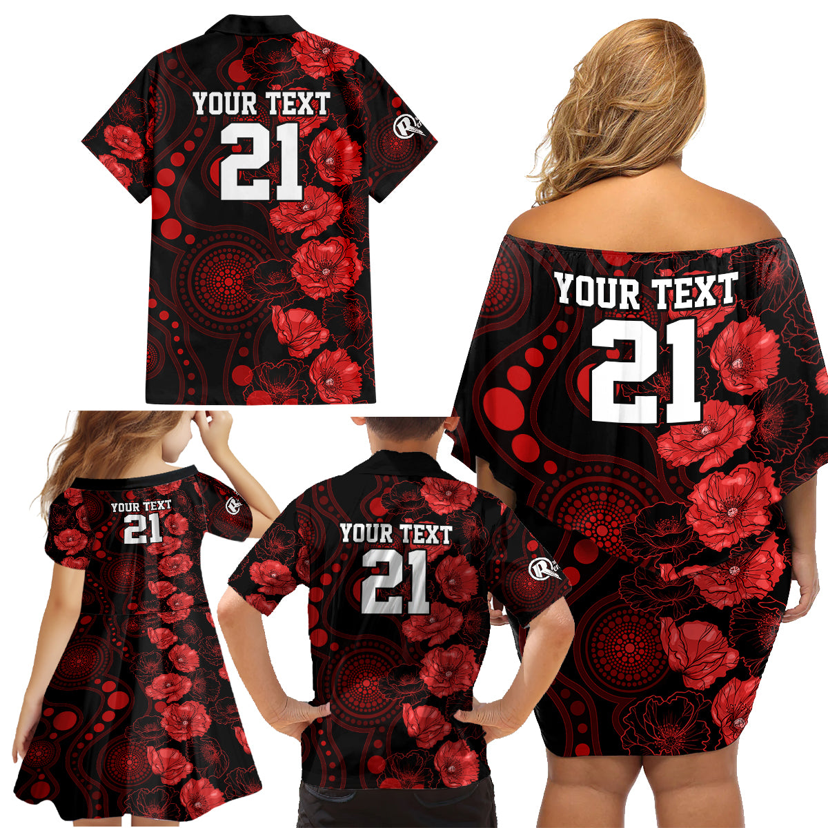 renegades-cricket-never-forget-custom-family-matching-off-shoulder-short-dress-and-hawaiian-shirt-anzac-day-with-poppy-aboriginal