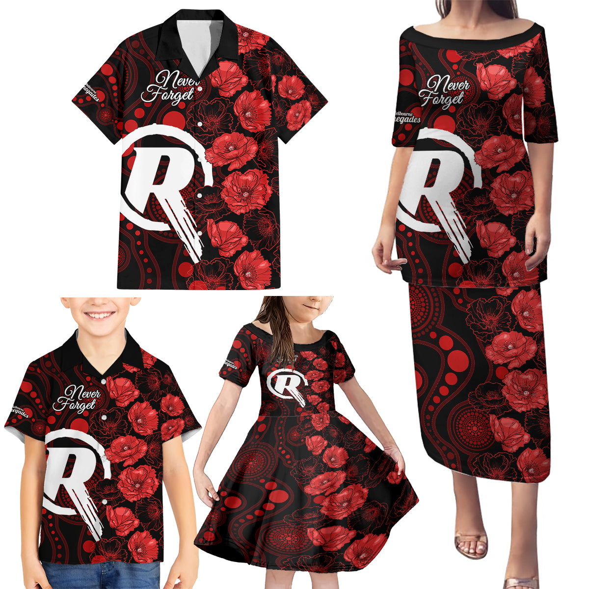 renegades-cricket-never-forget-custom-family-matching-puletasi-dress-and-hawaiian-shirt-anzac-day-with-poppy-aboriginal