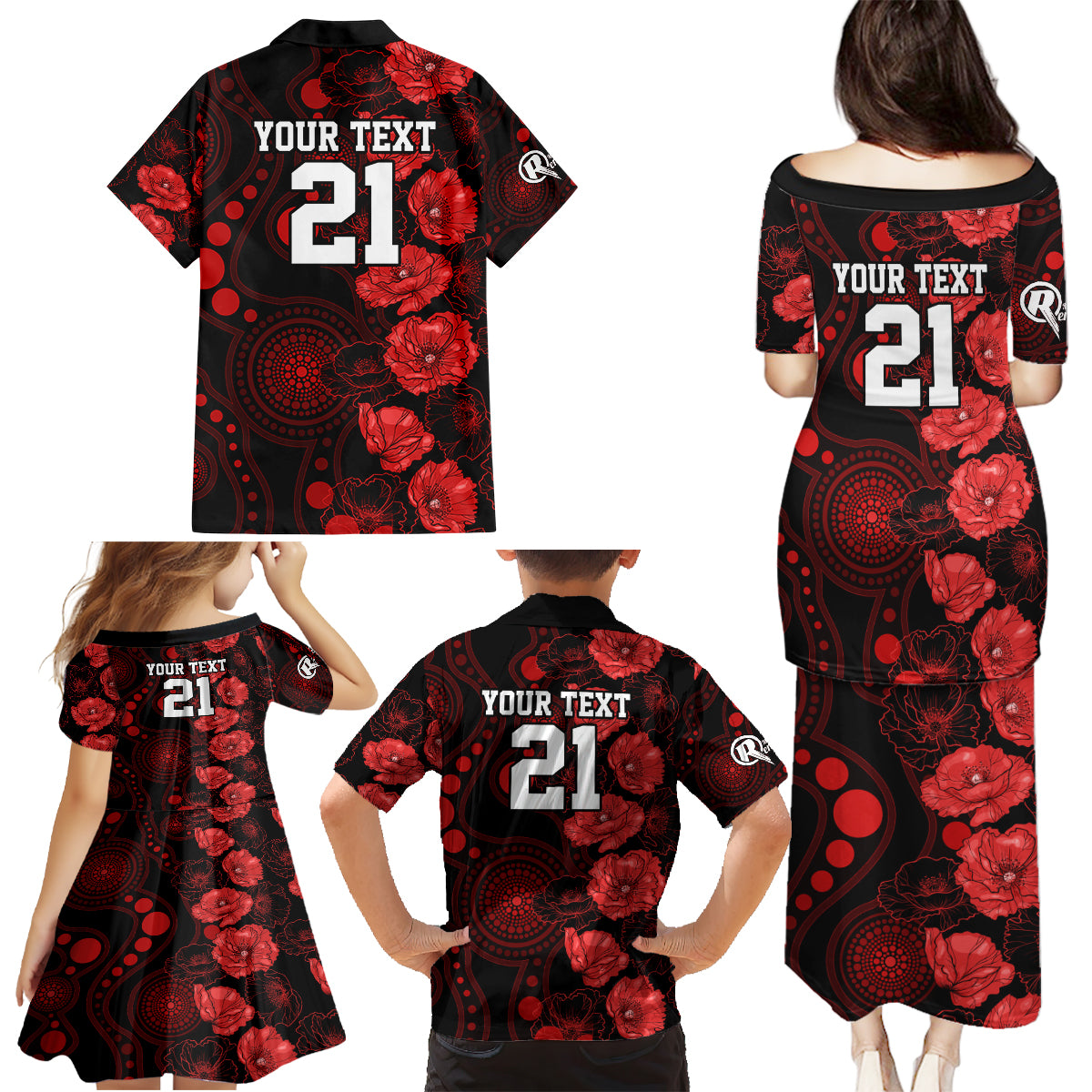 renegades-cricket-never-forget-custom-family-matching-puletasi-dress-and-hawaiian-shirt-anzac-day-with-poppy-aboriginal