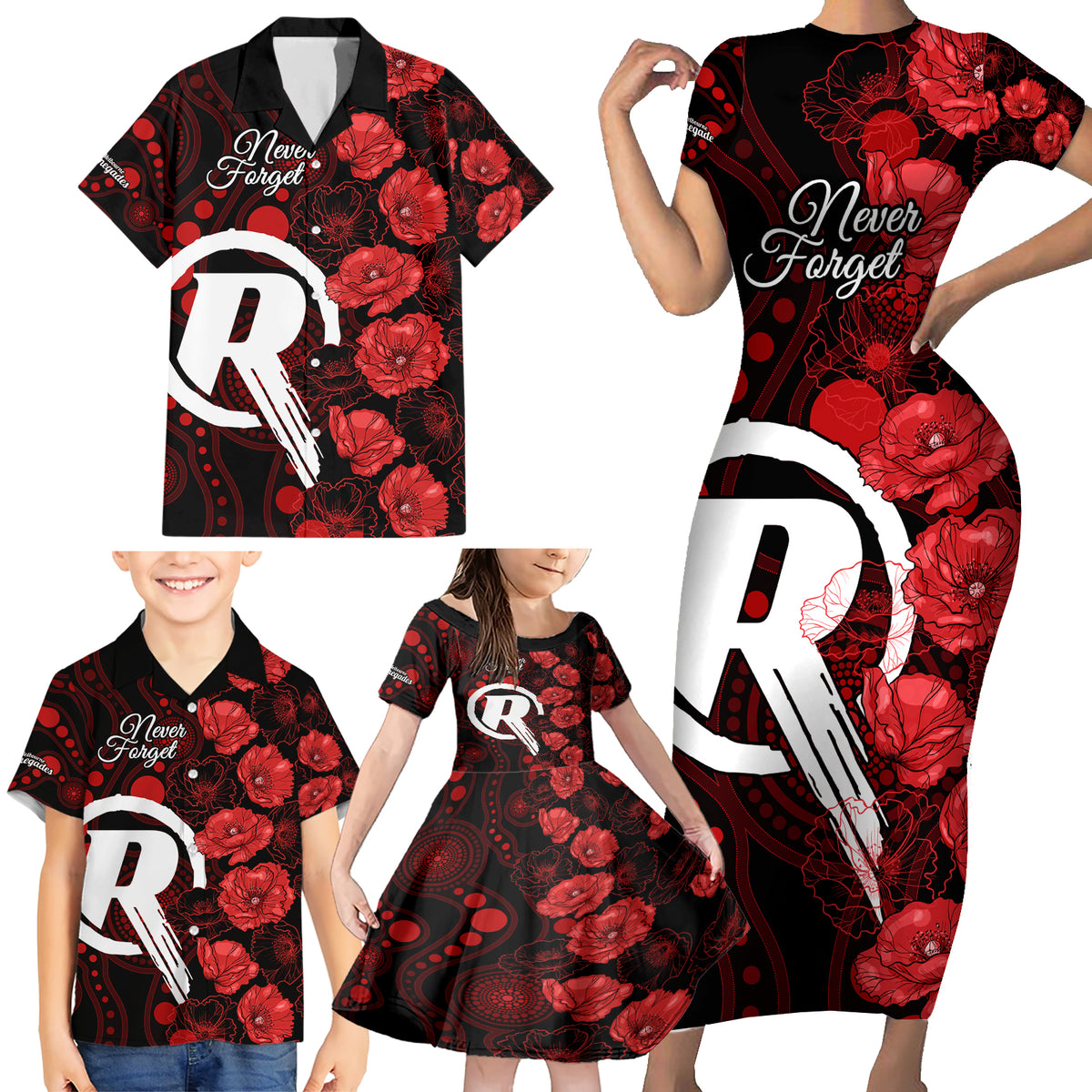 renegades-cricket-never-forget-custom-family-matching-short-sleeve-bodycon-dress-and-hawaiian-shirt-anzac-day-with-poppy-aboriginal