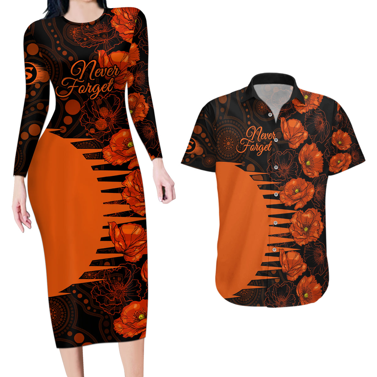 scorchers-cricket-never-forget-custom-couples-matching-long-sleeve-bodycon-dress-and-hawaiian-shirt-anzac-day-with-poppy-aboriginal
