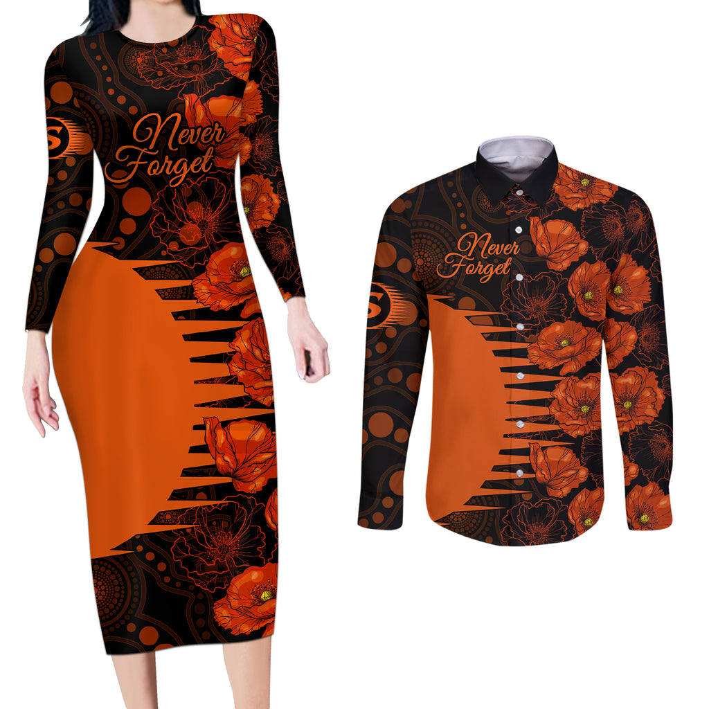 scorchers-cricket-never-forget-custom-couples-matching-long-sleeve-bodycon-dress-and-long-sleeve-button-shirt-anzac-day-with-poppy-aboriginal