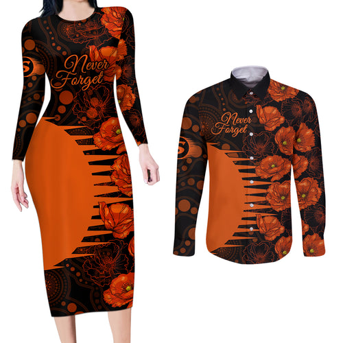 scorchers-cricket-never-forget-custom-couples-matching-long-sleeve-bodycon-dress-and-long-sleeve-button-shirt-anzac-day-with-poppy-aboriginal