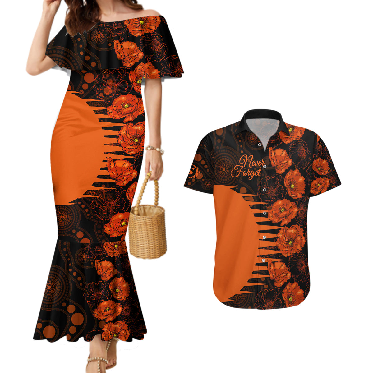 scorchers-cricket-never-forget-custom-couples-matching-mermaid-dress-and-hawaiian-shirt-anzac-day-with-poppy-aboriginal