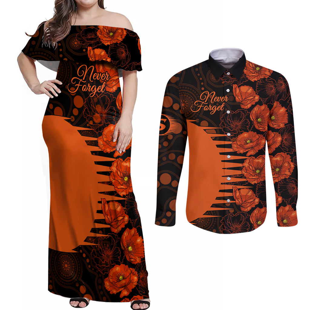 scorchers-cricket-never-forget-custom-couples-matching-off-shoulder-maxi-dress-and-long-sleeve-button-shirt-anzac-day-with-poppy-aboriginal