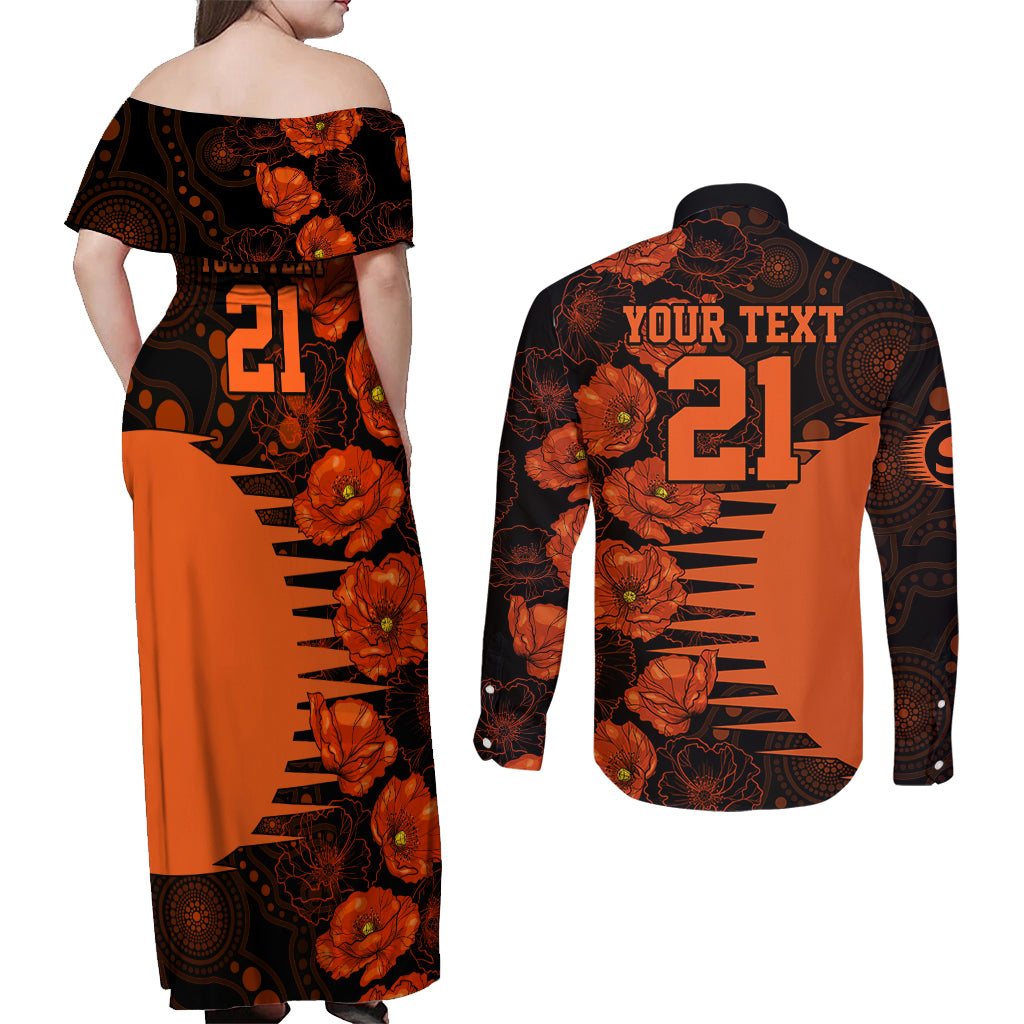 scorchers-cricket-never-forget-custom-couples-matching-off-shoulder-maxi-dress-and-long-sleeve-button-shirt-anzac-day-with-poppy-aboriginal