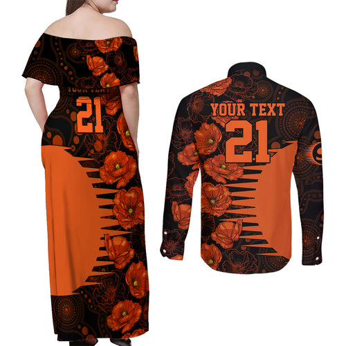 scorchers-cricket-never-forget-custom-couples-matching-off-shoulder-maxi-dress-and-long-sleeve-button-shirt-anzac-day-with-poppy-aboriginal
