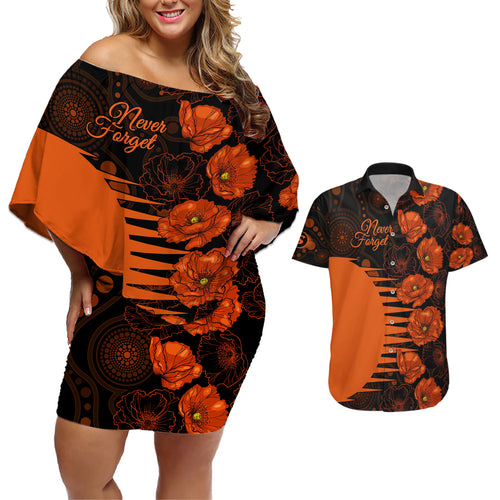 scorchers-cricket-never-forget-custom-couples-matching-off-shoulder-short-dress-and-hawaiian-shirt-anzac-day-with-poppy-aboriginal