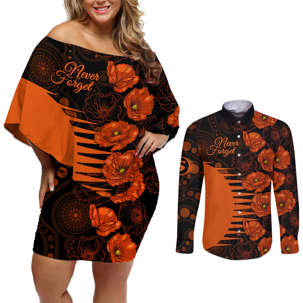 scorchers-cricket-never-forget-custom-couples-matching-off-shoulder-short-dress-and-long-sleeve-button-shirt-anzac-day-with-poppy-aboriginal