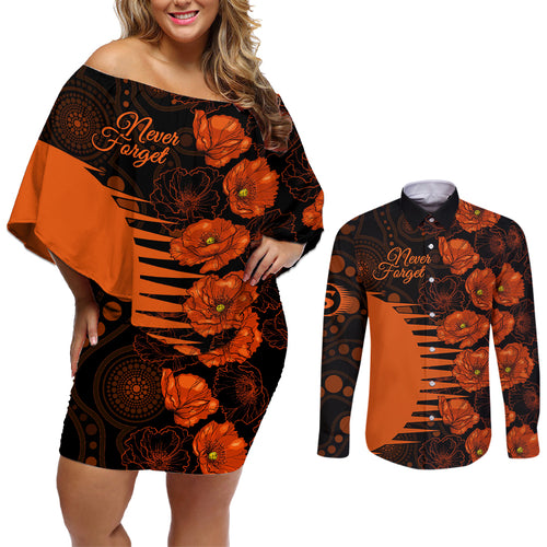 scorchers-cricket-never-forget-custom-couples-matching-off-shoulder-short-dress-and-long-sleeve-button-shirt-anzac-day-with-poppy-aboriginal
