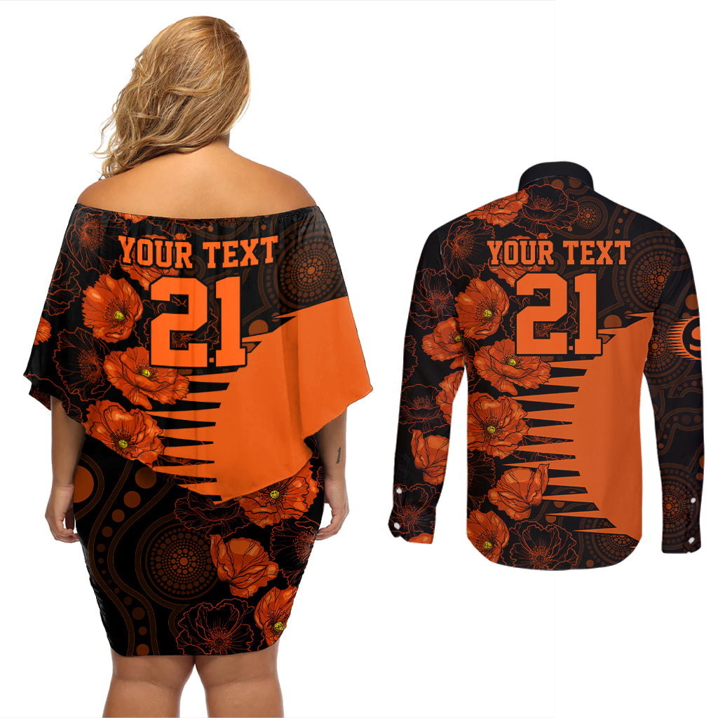 scorchers-cricket-never-forget-custom-couples-matching-off-shoulder-short-dress-and-long-sleeve-button-shirt-anzac-day-with-poppy-aboriginal
