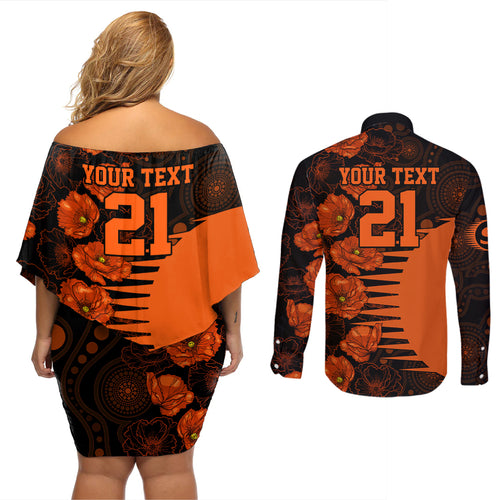 scorchers-cricket-never-forget-custom-couples-matching-off-shoulder-short-dress-and-long-sleeve-button-shirt-anzac-day-with-poppy-aboriginal