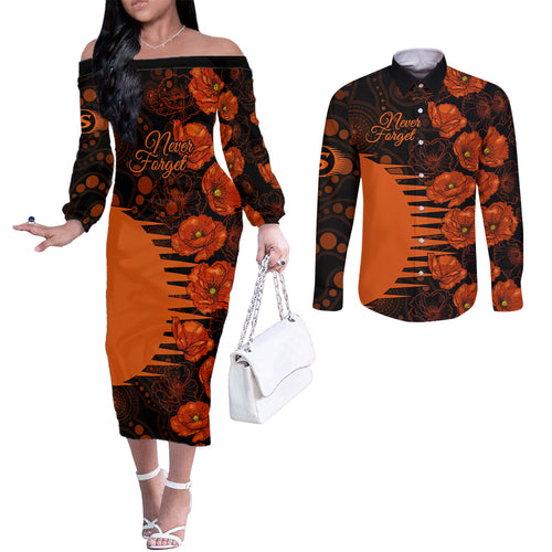 scorchers-cricket-never-forget-custom-couples-matching-off-the-shoulder-long-sleeve-dress-and-long-sleeve-button-shirt-anzac-day-with-poppy-aboriginal